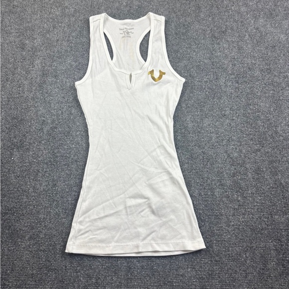TRUE RELIGION Women’s White Ribbed Tank Top Gold Logo & Writing on back - Small - Picture 1 of 6